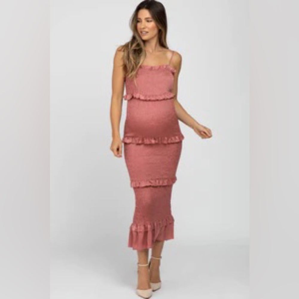 PinkBlush Mauve Satin Smocked Fitted Maternity Midi Dress (S)